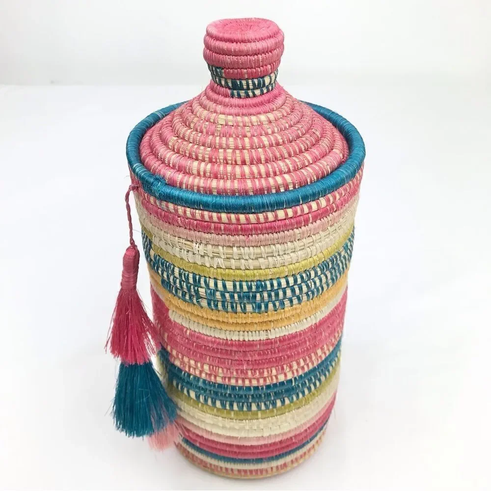 All Across Africa Handmade Colorful Woven Coil 11” Lidded Tassel Basket Canister